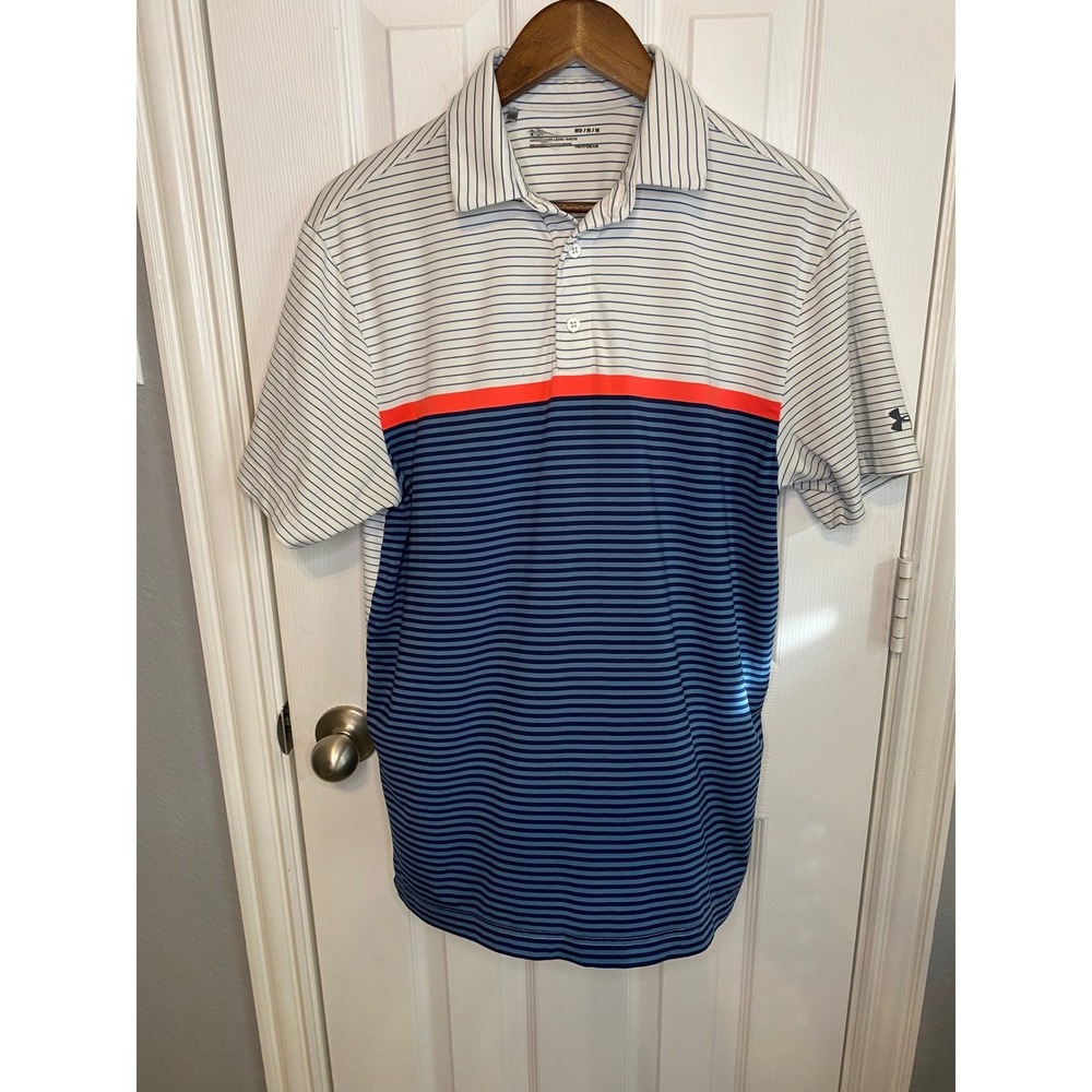Under Armour Men's‎ Medium Golf Polo Shirt HeatGear Loose Fit Blue White